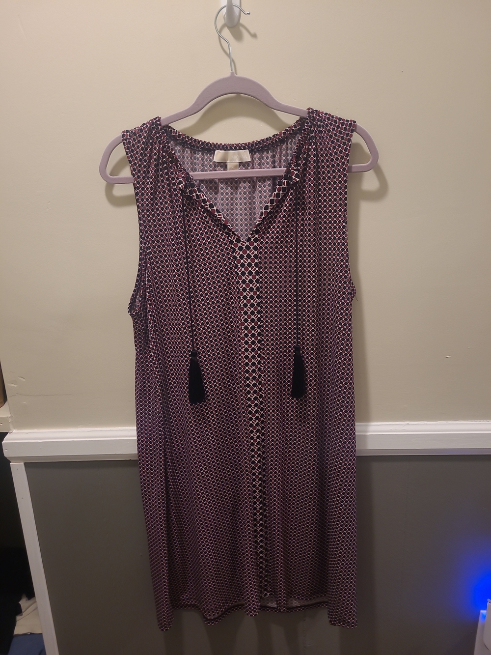 Sleeveless Pink Patterned V-Neck Shift Dress with Tassel Ties